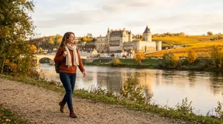 Femme au bord de la Loire près du château d'Amboise en automne