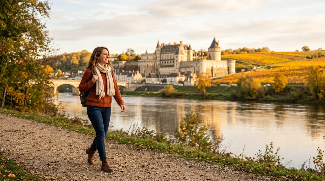 Femme au bord de la Loire près du château d'Amboise en automne
