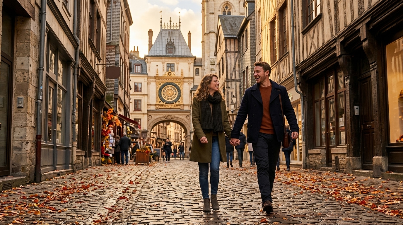 Couple se promenant dans les rues de Rouen à l'automne