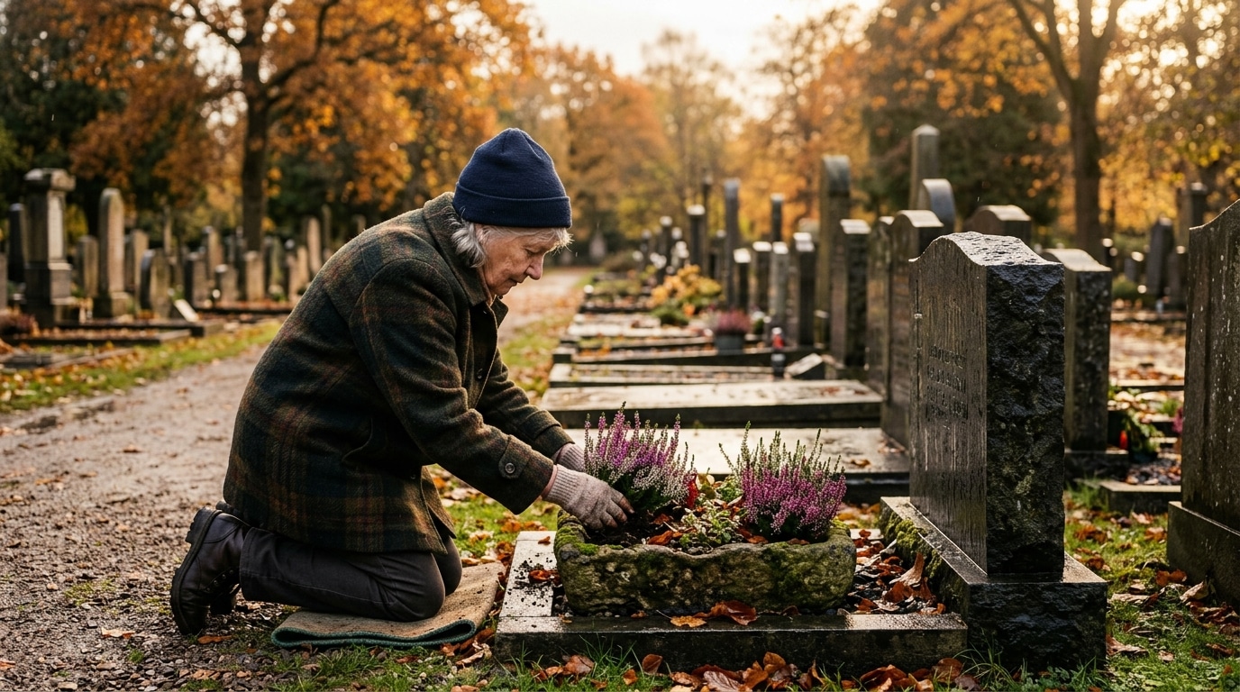 Femme âgée plantant de la bruyère sur une tombe