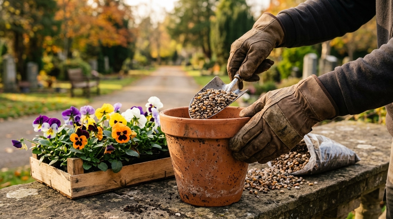 Mains plaçant du gravier dans un pot de fleurs