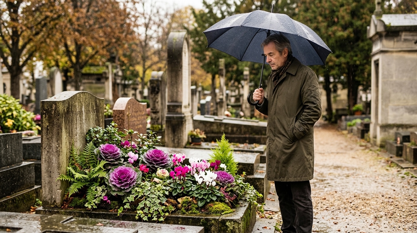 Homme sous la pluie devant une tombe fleurie d'automne