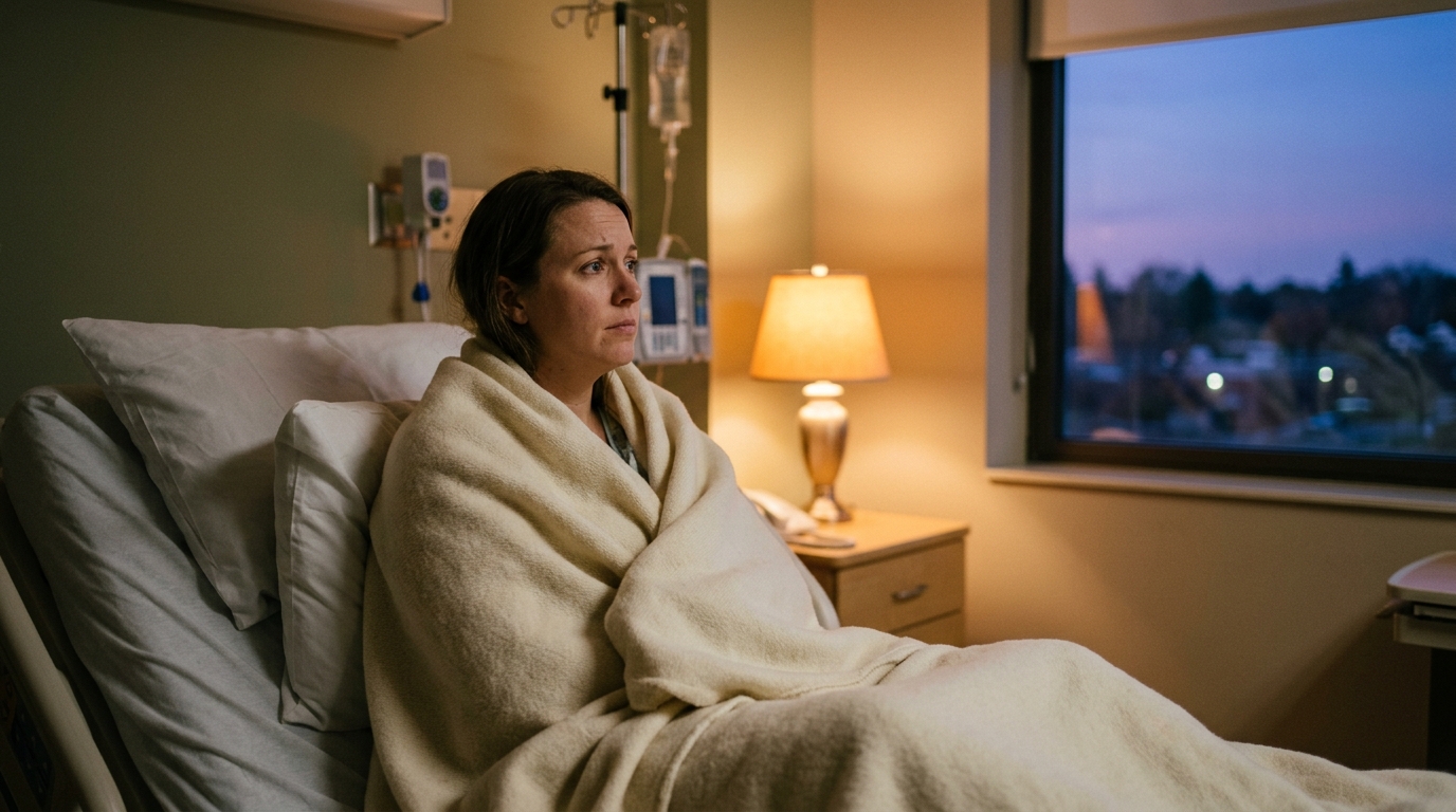 Femme assise dans un lit d'hôpital au regard perdu