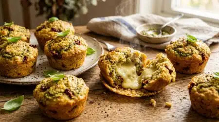 Mini-cake pesto ouvert avec cœur de chèvre fondant