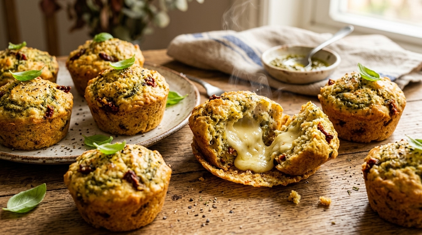 Mini-cake pesto ouvert avec cœur de chèvre fondant
