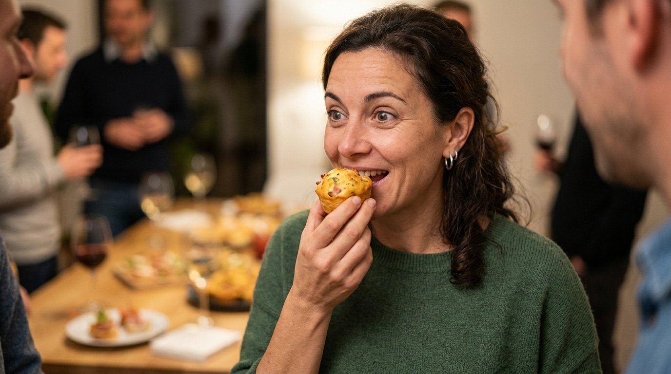 Personne souriante dégustant un mini-cake à l'apéro