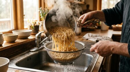 Pâtes fumantes égouttées dans une passoire en cuisine
