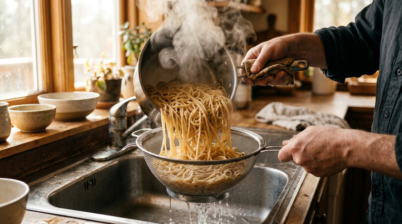 Pâtes fumantes égouttées dans une passoire en cuisine