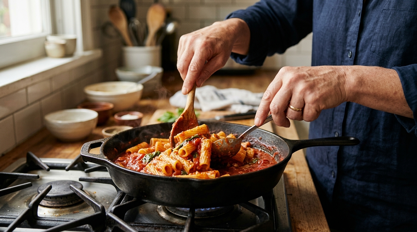 Mains mélangeant des pâtes dans une sauce tomate