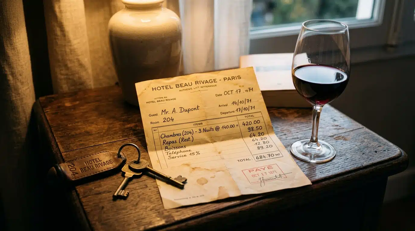 Facture d'hôtel et clés posées sur une table de nuit
