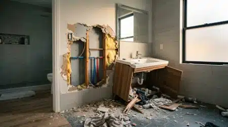 Meuble vasque effondré révélant une cloison fissurée