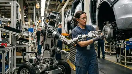 Ouvrier guidant la main d'un robot humanoïde en usine