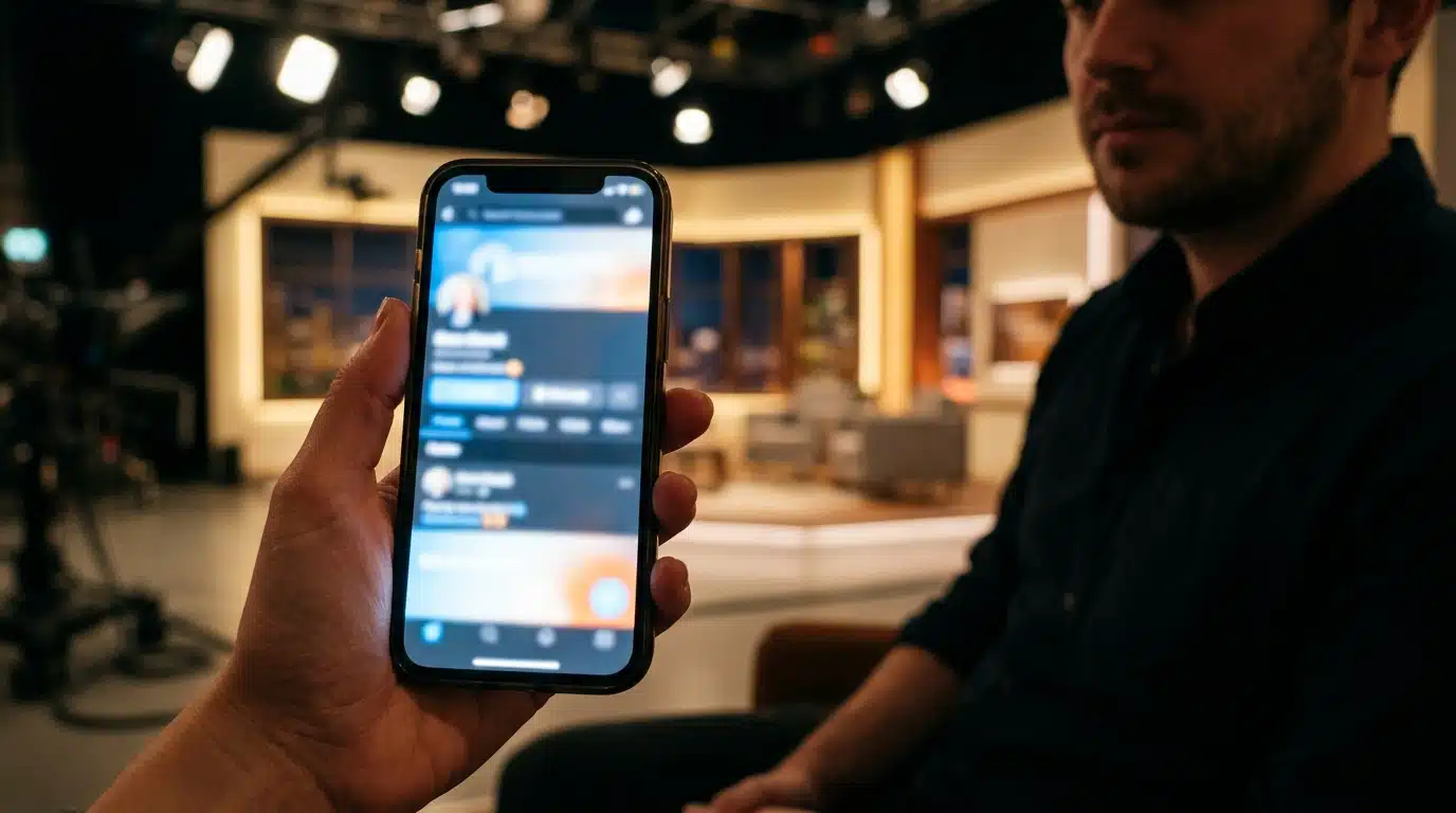 Smartphone allumé devant un plateau télé flou