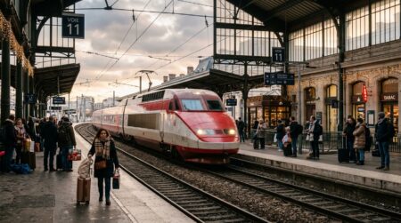 Train à grande vitesse en gare sous lumière hivernale