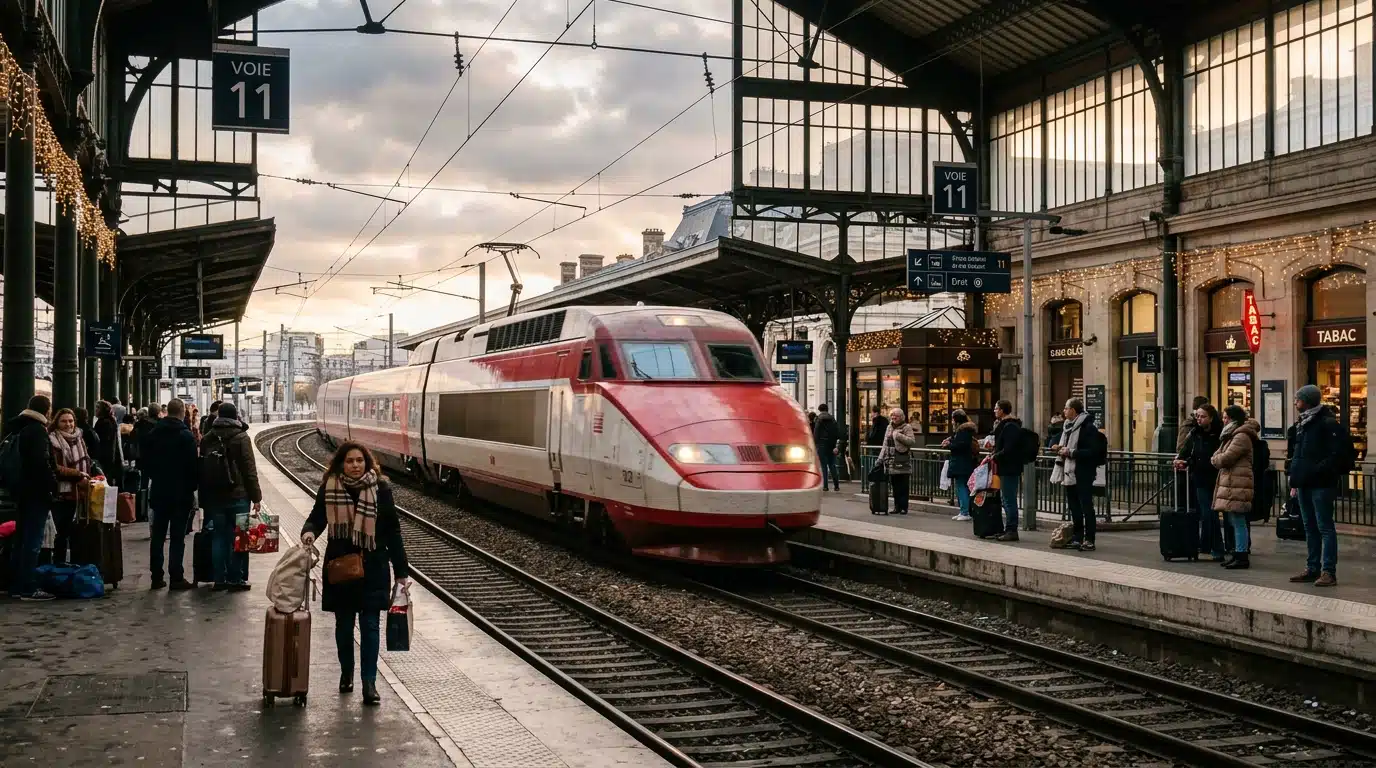 Train à grande vitesse en gare sous lumière hivernale