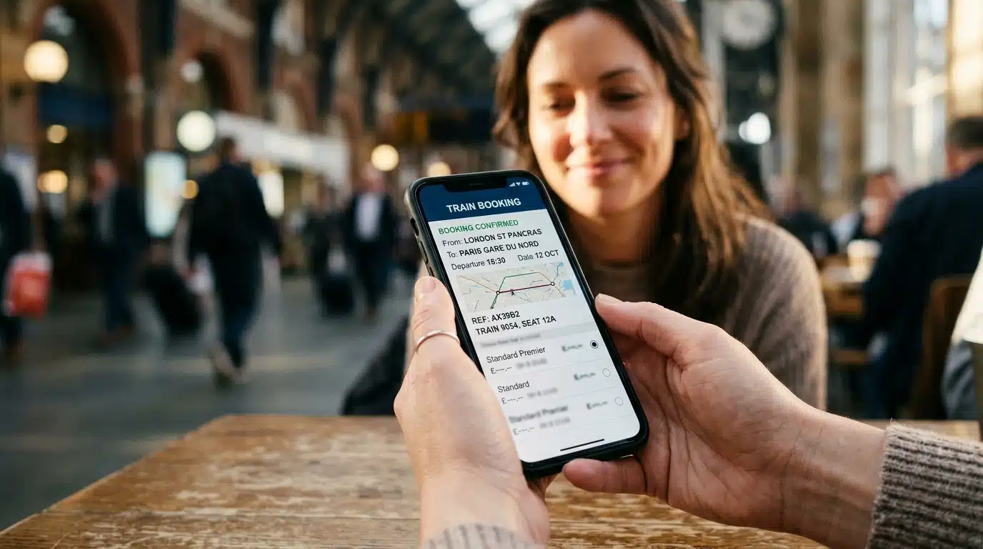 Voyageur consultant une réservation de billet de train