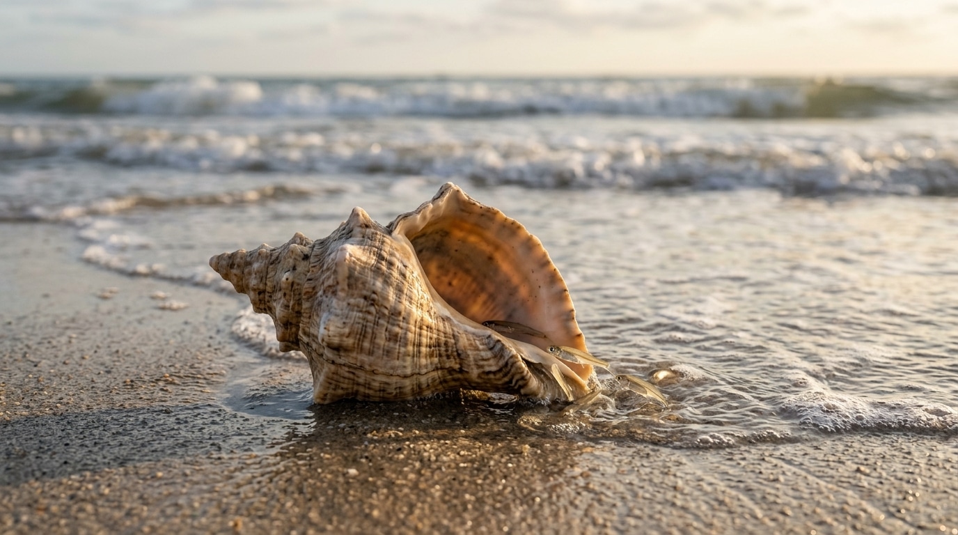 Grand coquillage marin échoué au bord de l'eau