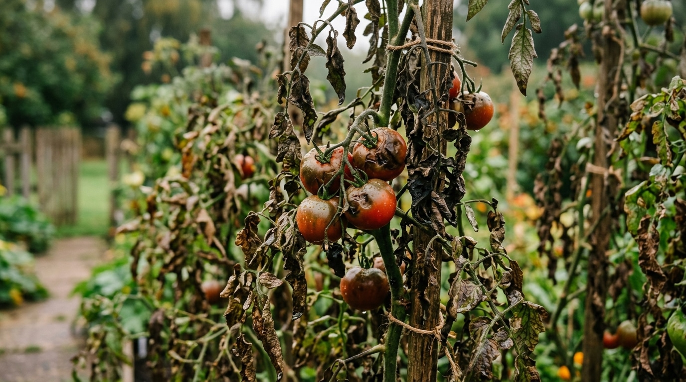 Plant de tomates aux feuilles noircies par le mildiou
