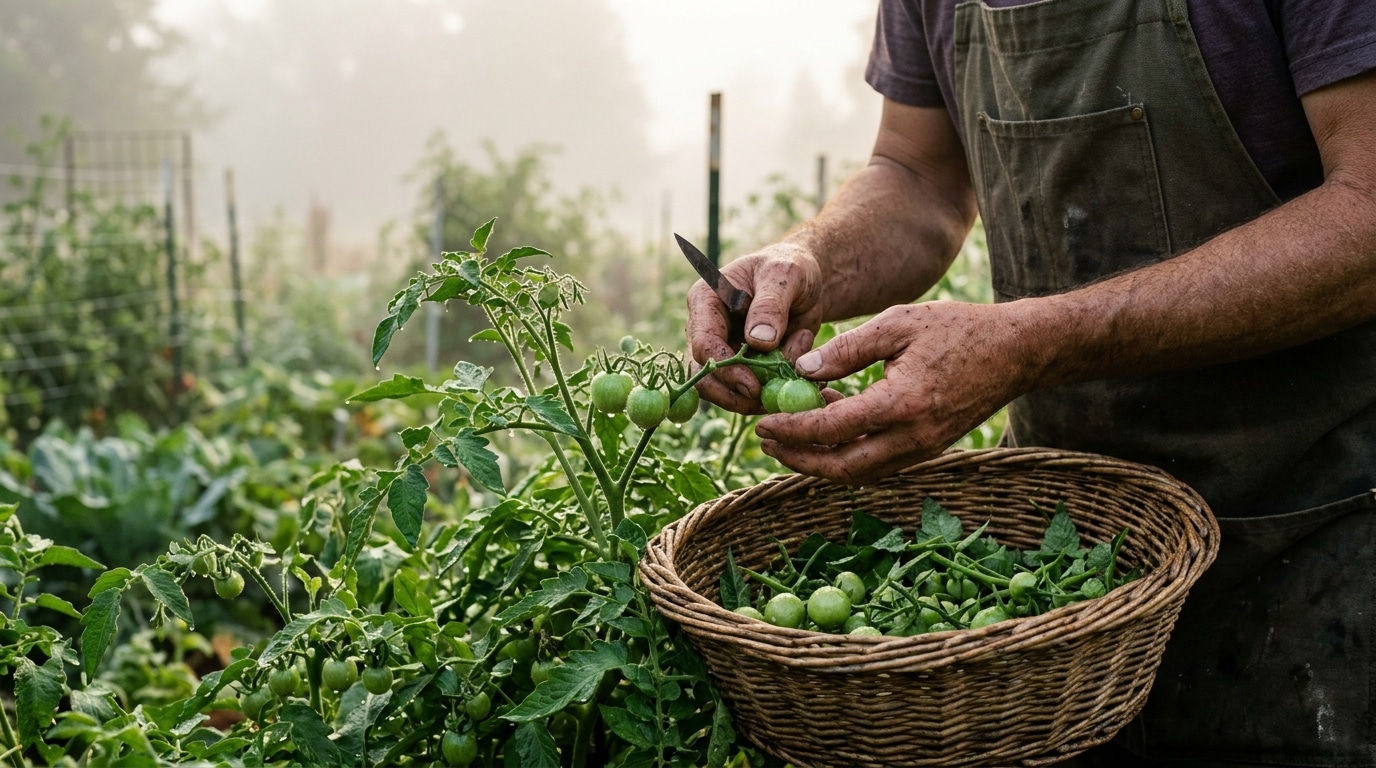 Mains récoltant des tomates vertes dans un jardin humide