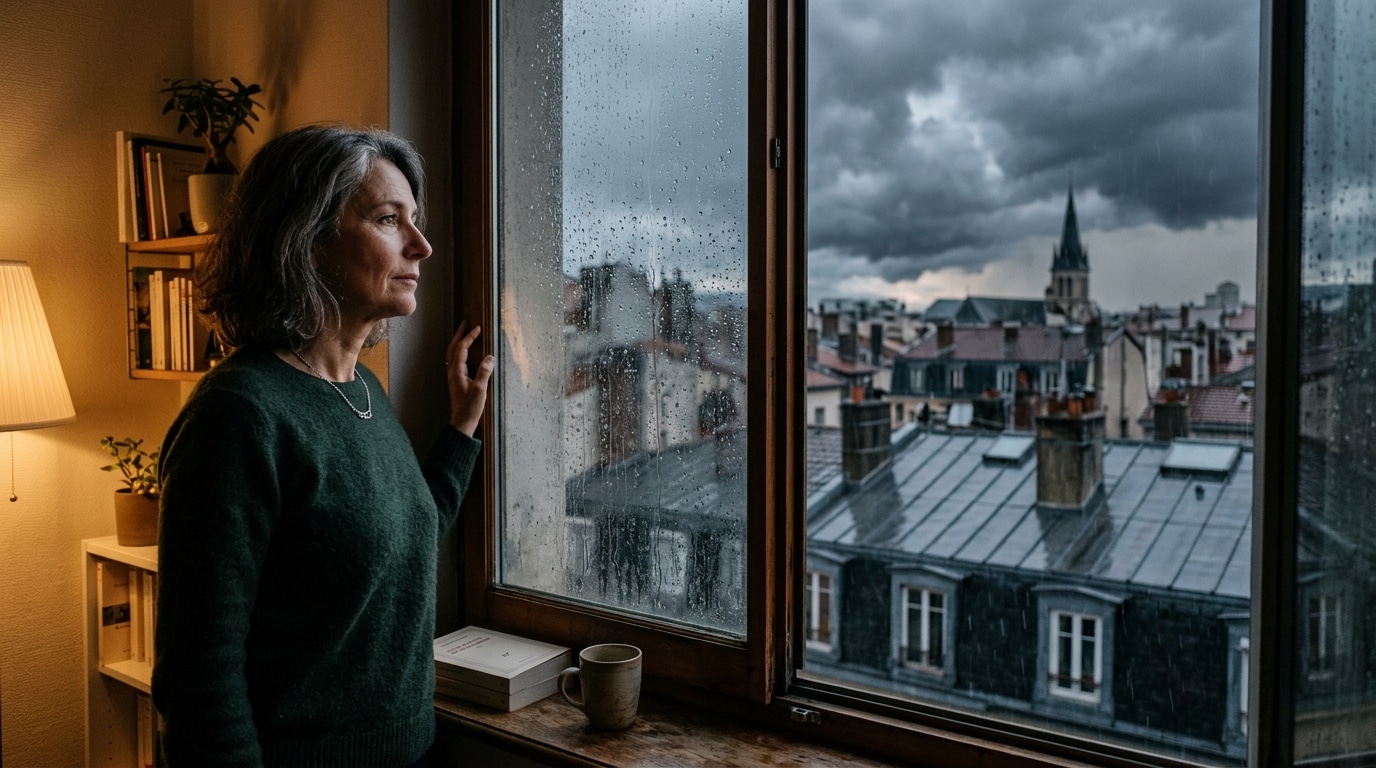 Femme regardant le ciel orageux d'automne depuis sa fenêtre