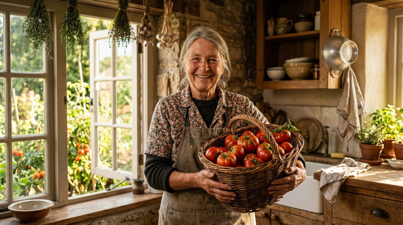 Femme âgée souriante avec panier de tomates du jardin