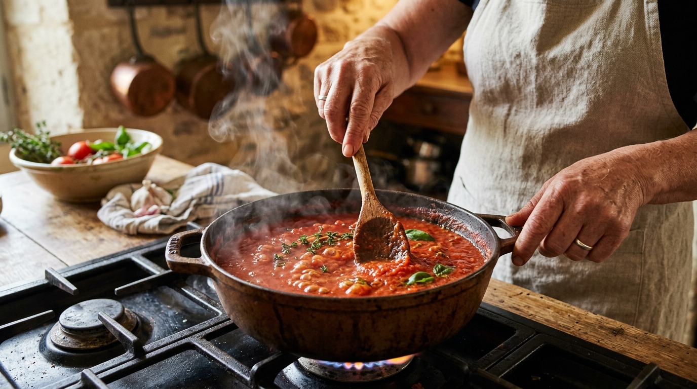 Coulis de tomates mijotant dans une casserole en cuisine