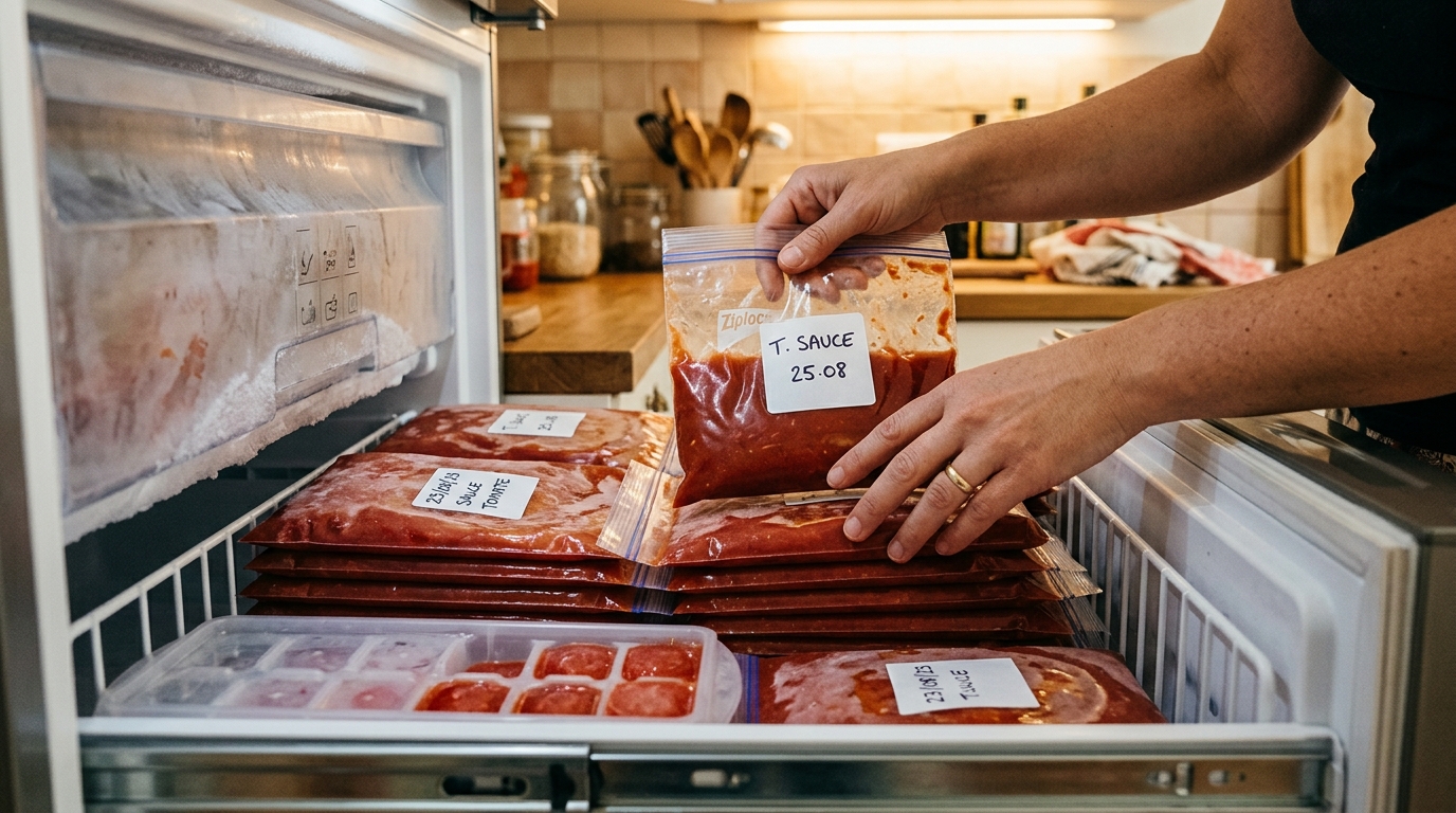 Sachets de coulis de tomates congelés rangés au congélateur
