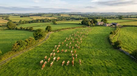 Troupeau de vaches alignées nord-sud dans un pré