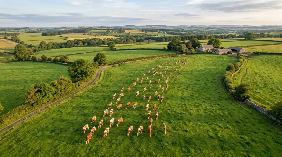 Troupeau de vaches alignées nord-sud dans un pré