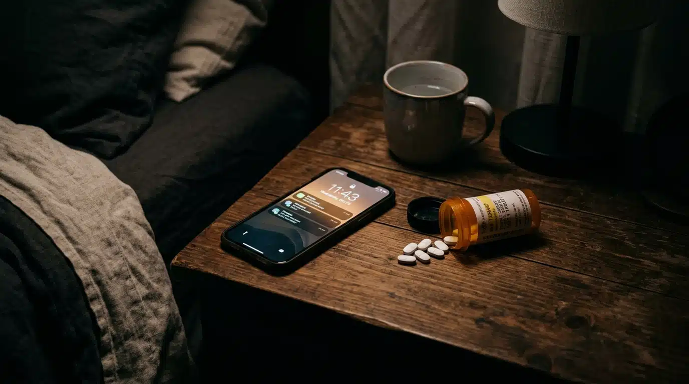 Téléphone et flacon de médicaments renversé dans le noir