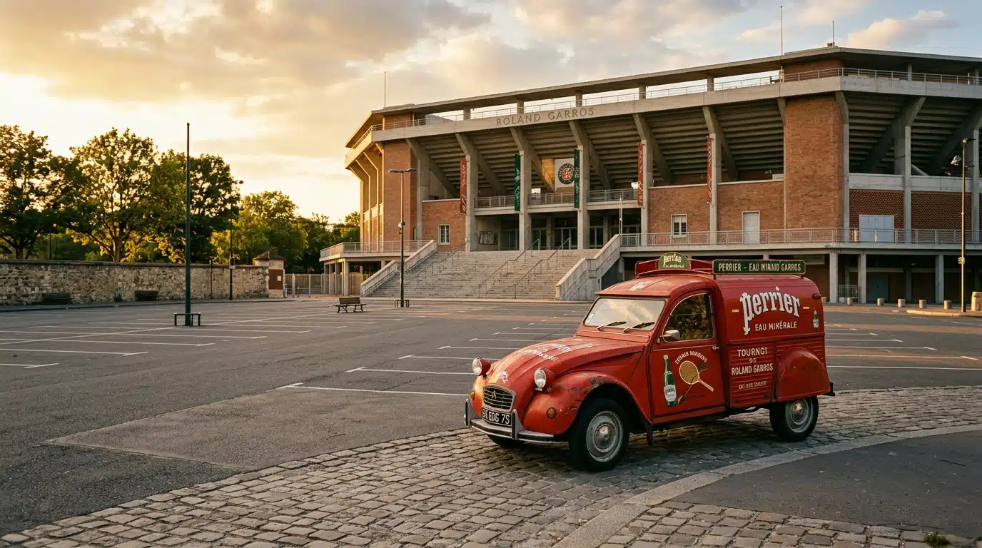 Voiture publicitaire garée devant un stade de tennis