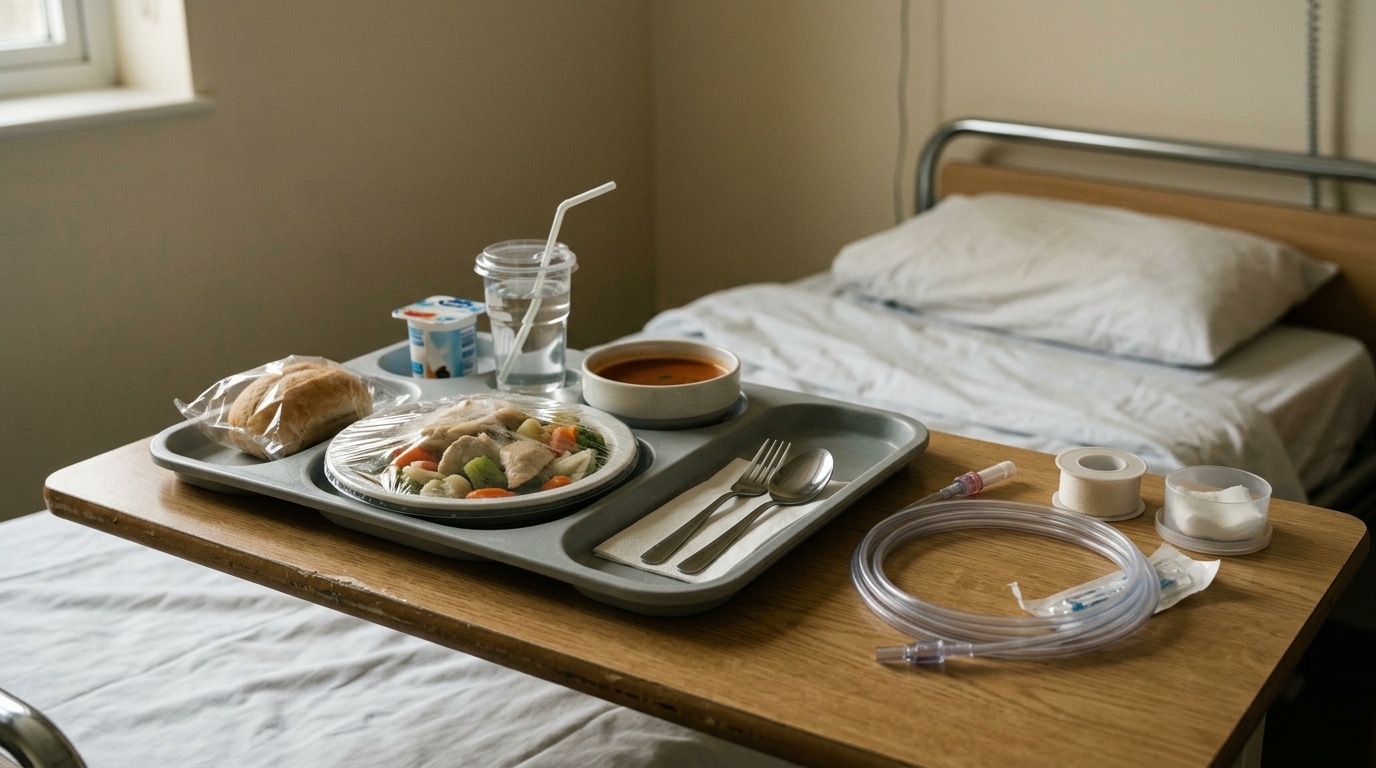 Plateau repas hospitalier avec sonde d'alimentation posée