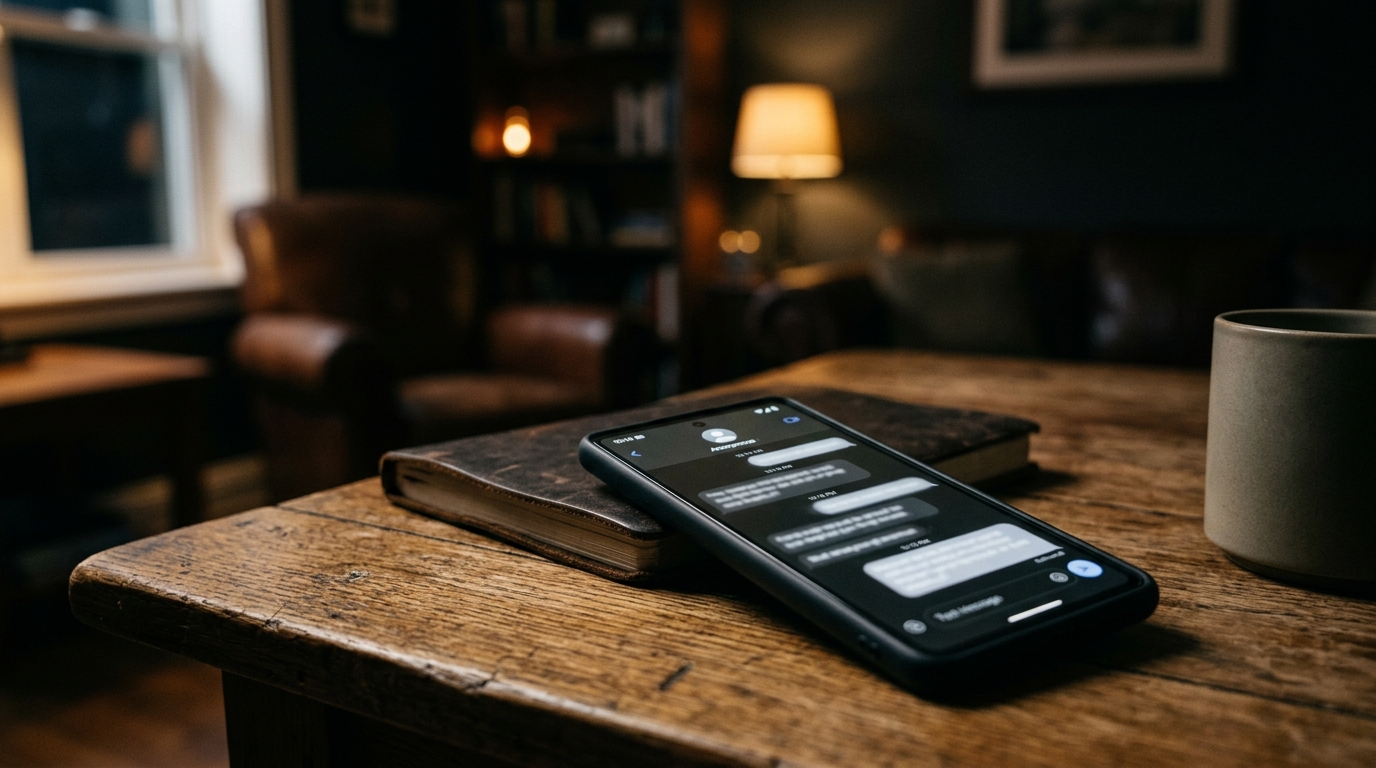 Téléphone affichant une conversation floutée sur une table