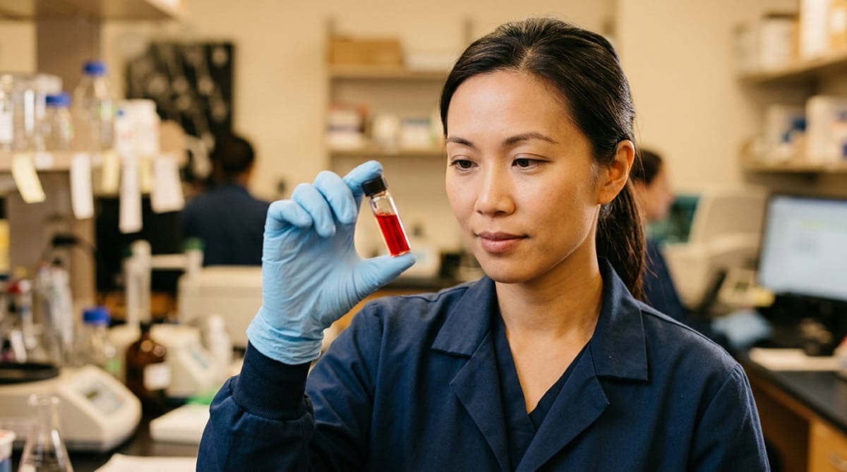 Tube de sang rouge vif prélevé lors d'une prise de sang