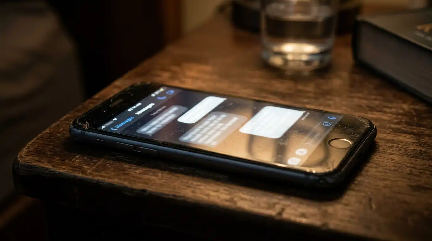 Smartphone affichant des messages flous dans une pièce sombre