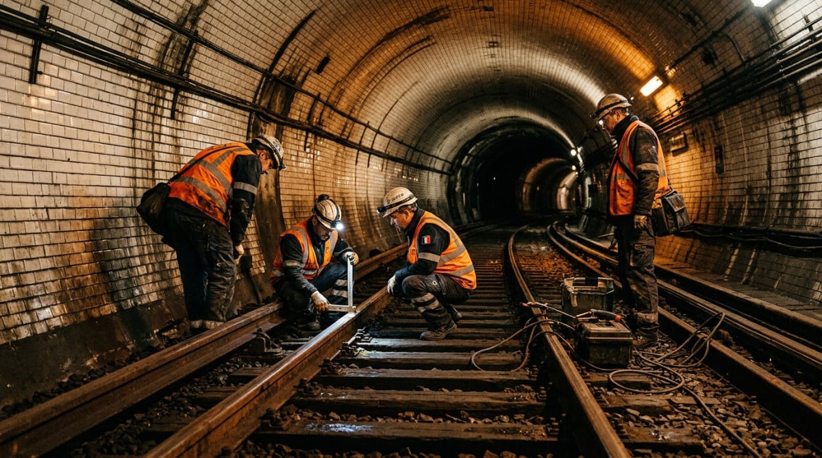 Tunnel du métro parisien avec agents de maintenance