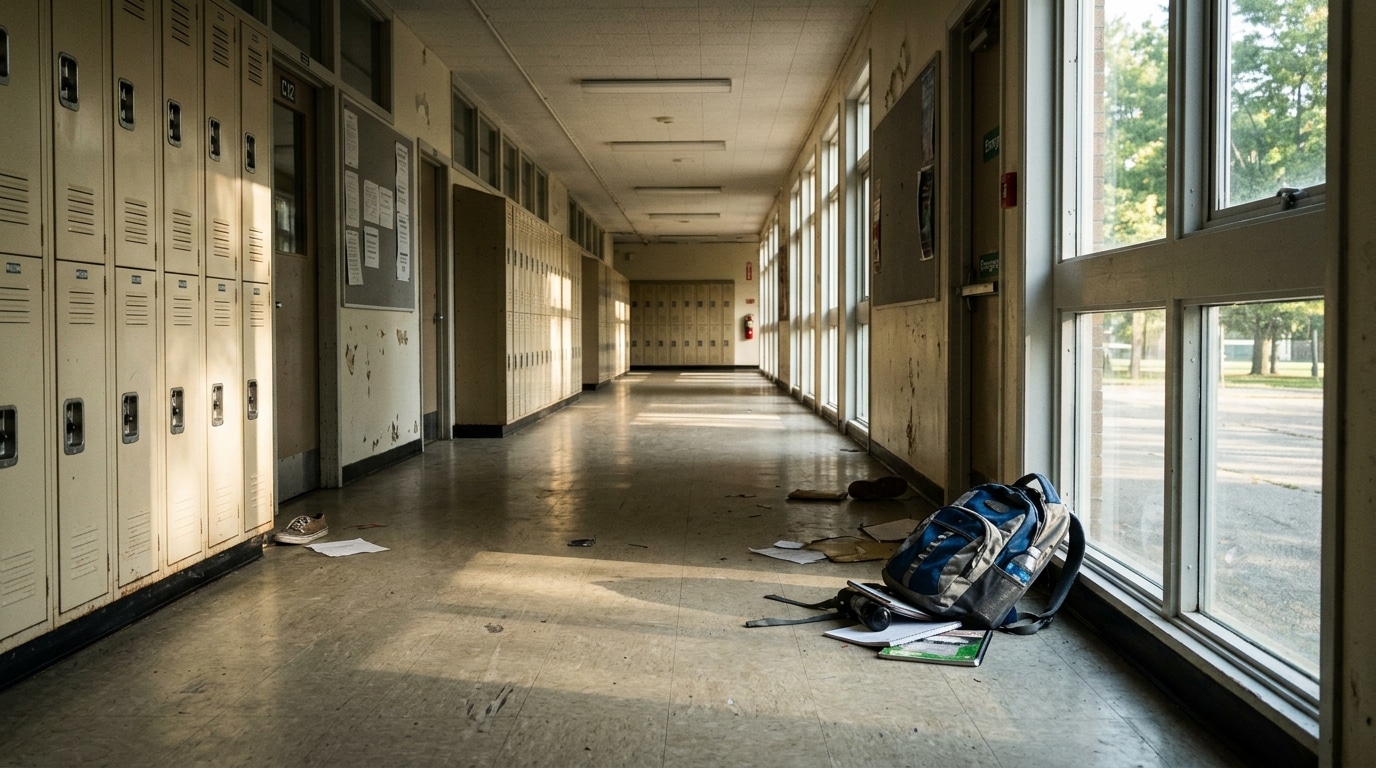 Couloir scolaire vide avec sac à dos abandonné
