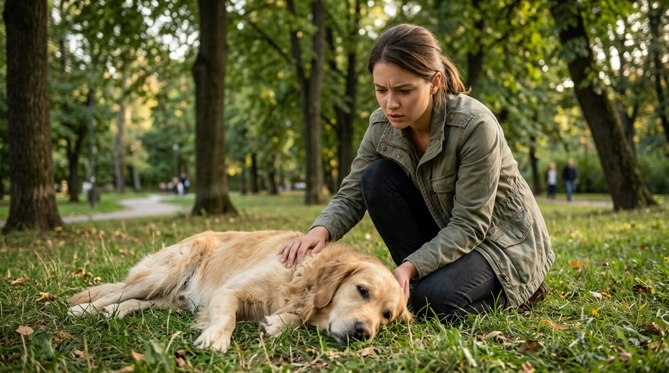 Chien allongé faible sur l'herbe dans un parc