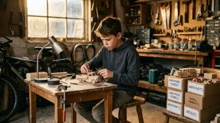 Adolescent travaillant dans un atelier de garage familial