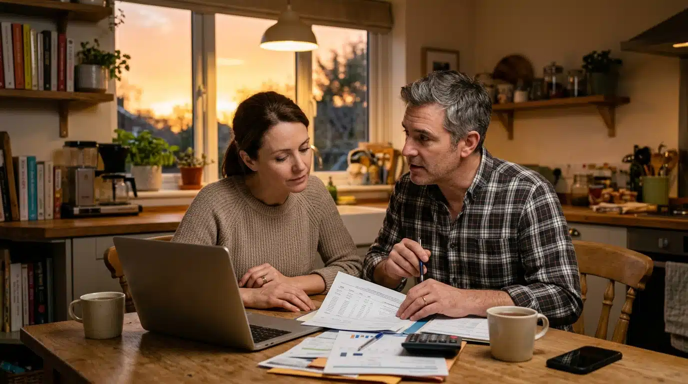 Parents consultant des documents bancaires à la maison