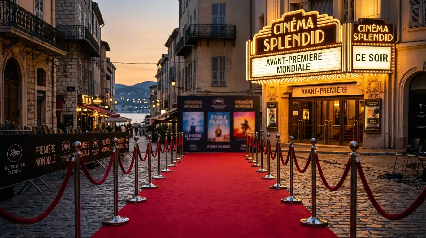 Tapis rouge et façade de cinéma illuminée le soir