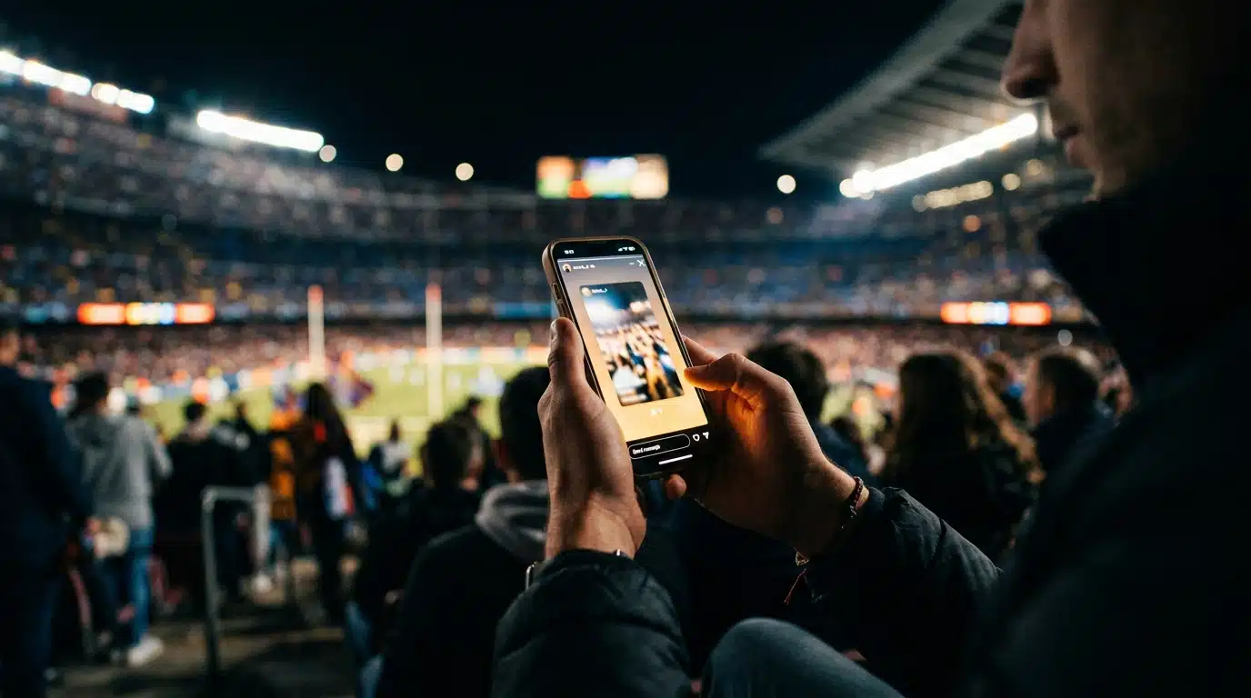 Smartphone illuminé affichant une story sur fond de stade