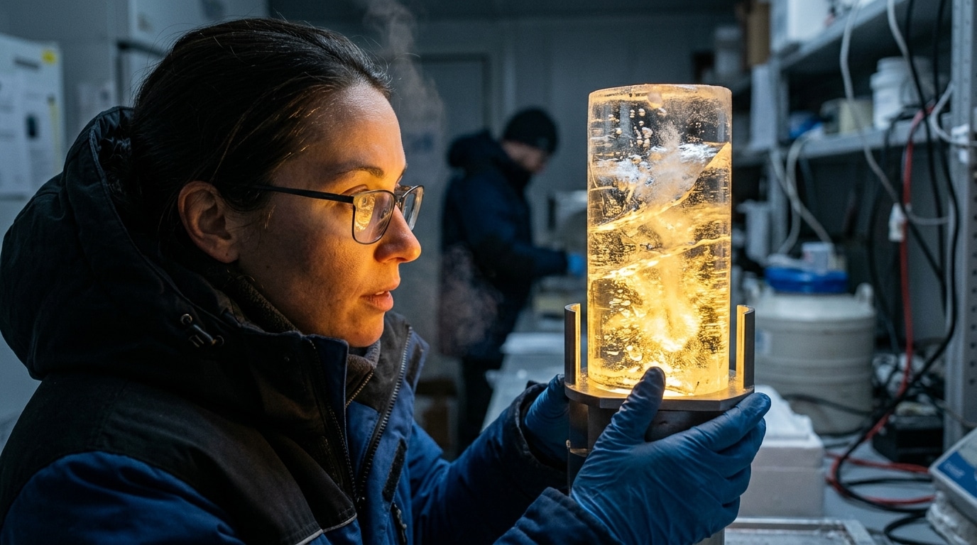Scientifique examine une carotte de glace du permafrost sibérien