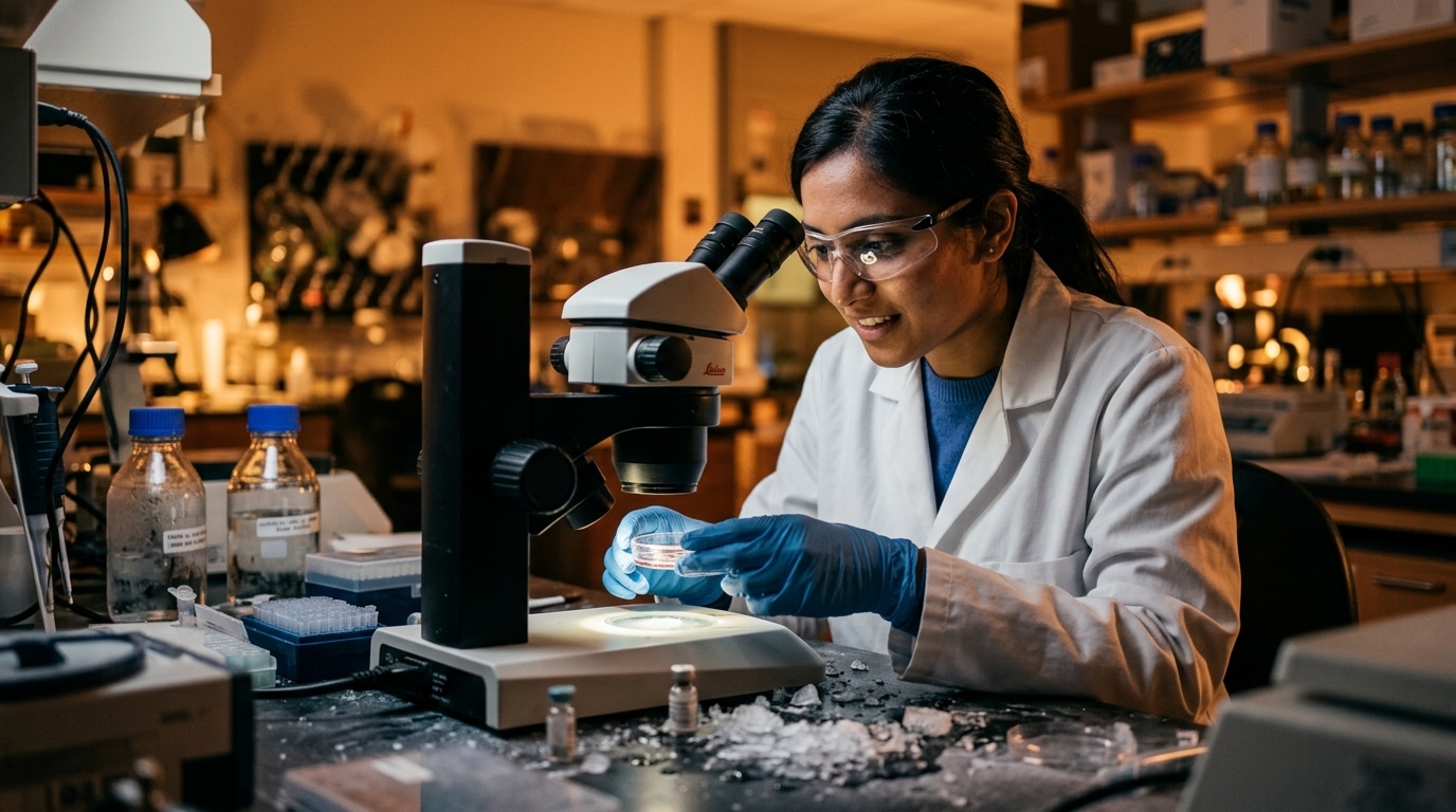 Chercheur observe un échantillon microscopique en laboratoire