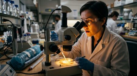 Scientifique observe l'organisme réveillé au microscope