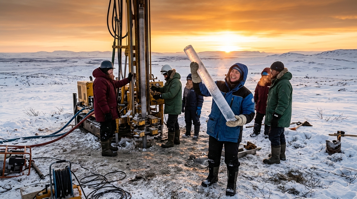 Prélèvement d'une carotte de permafrost sibérien gelé