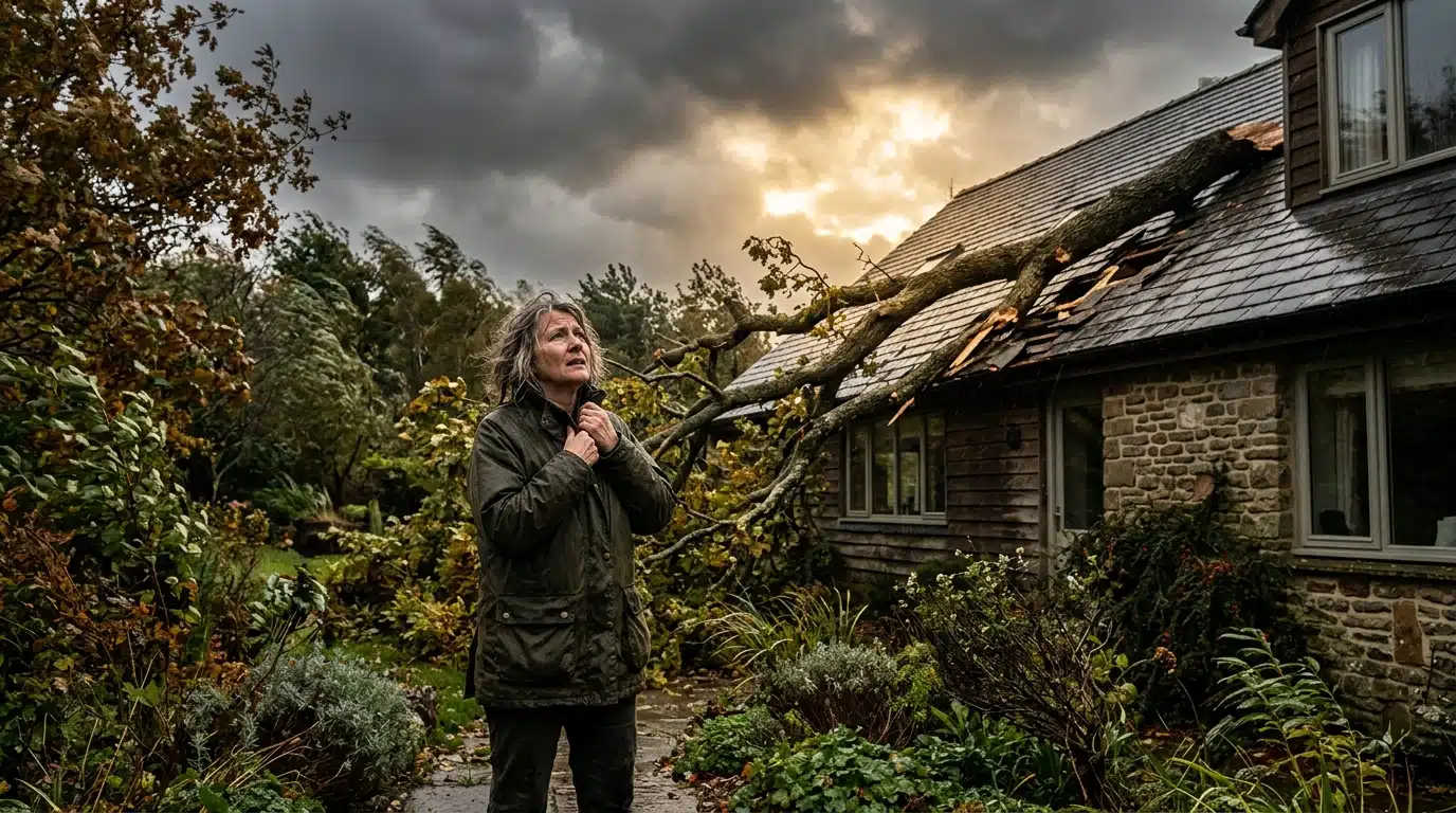 Femme inquiète devant un arbre tombé sur sa maison