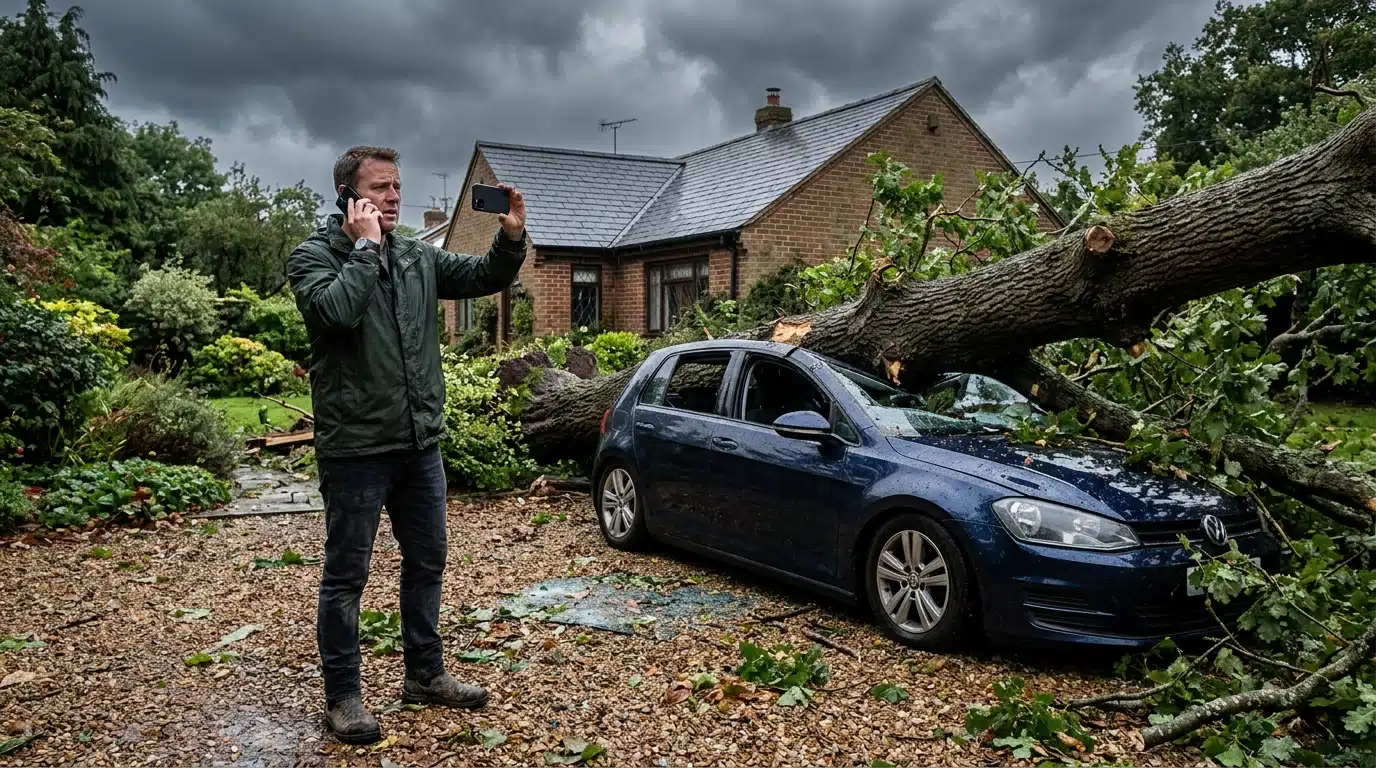 Homme photographiant un arbre tombé sur sa voiture
