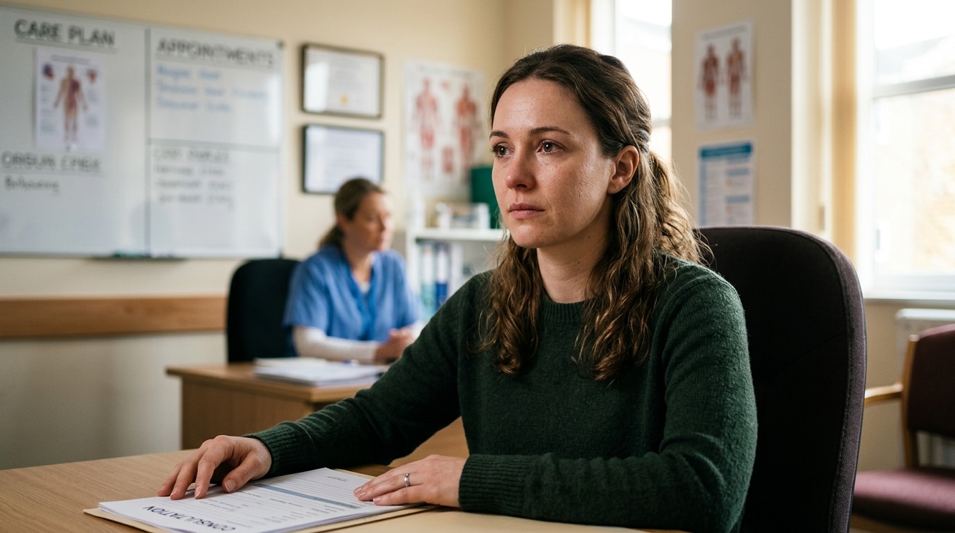 Jeune femme assise en consultation médicale, visage pensif