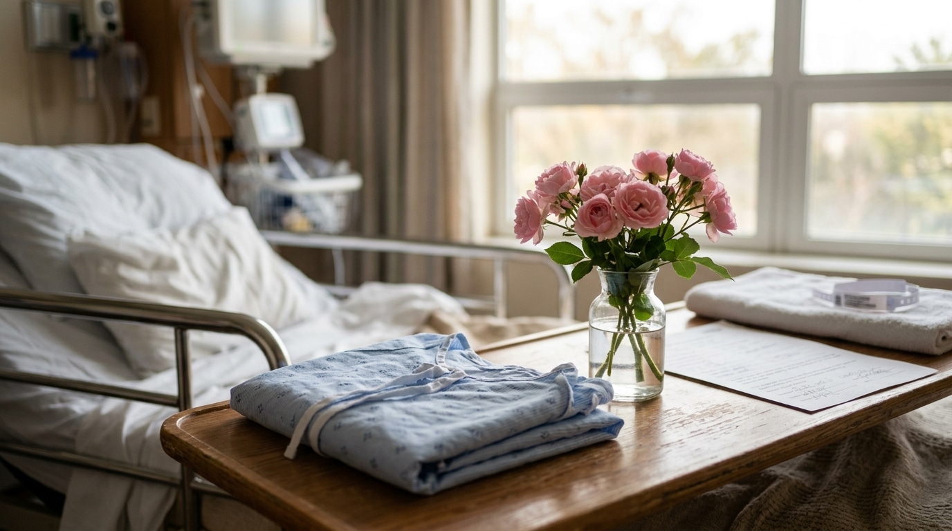 Chambre d'hôpital avec roses et blouse pliée sur table